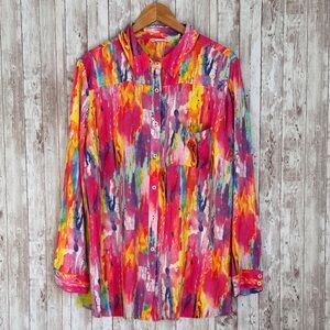 Soft Surroundings Festiva Blouse Shirt sz 1X Tie Dye Colorful Embroidery Button